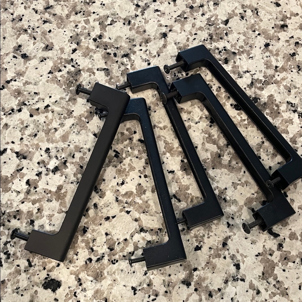 Five (5) Matte dark brown/black metal drawer pulls with screws, 5 1/4” opening